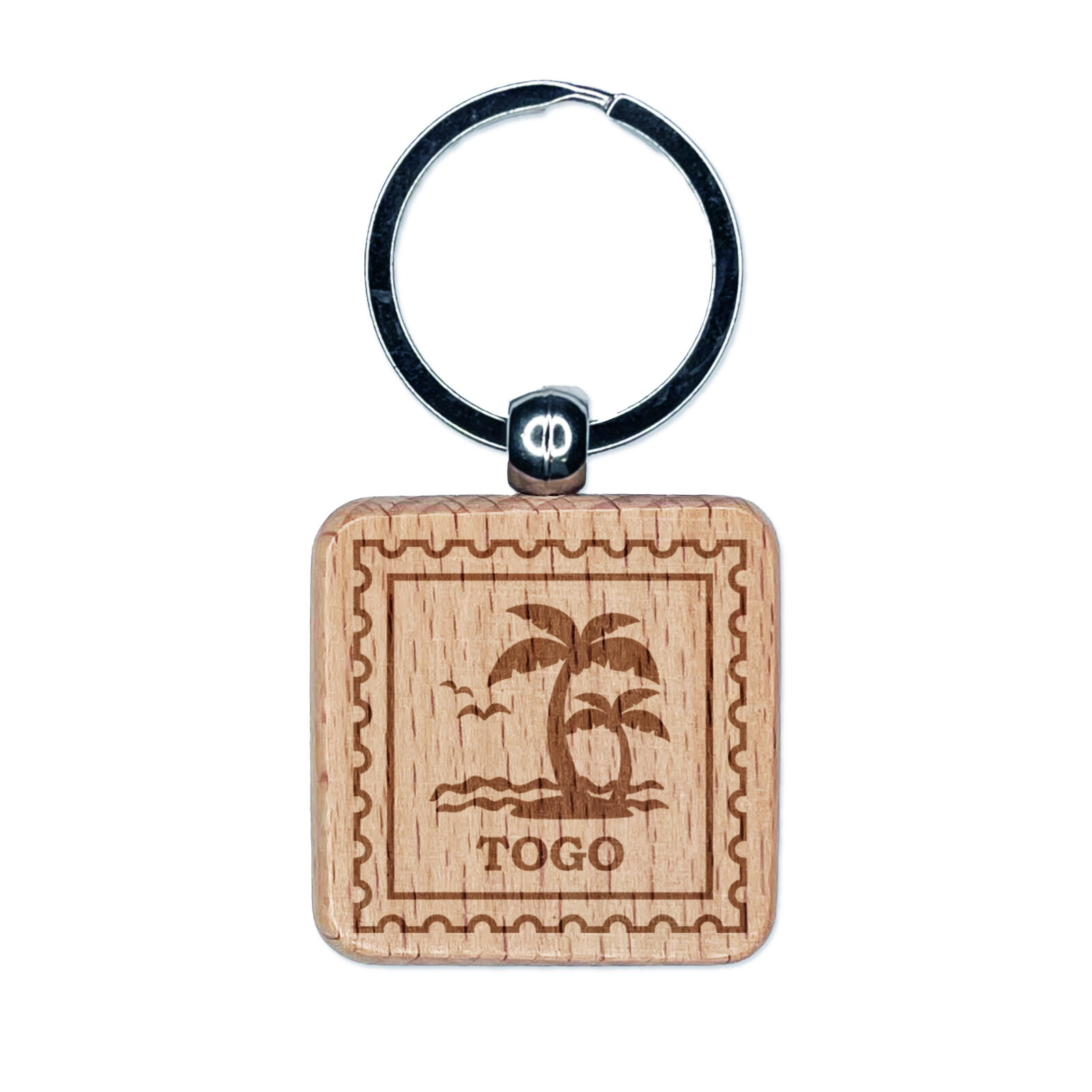 Togo Travel Palm Tree Beach Ocean Waves Engraved Wood Square Keychain Tag Charm
