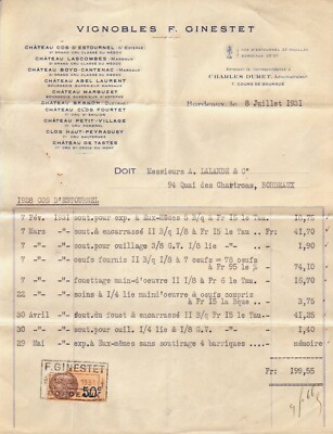 BORDEAUX - INVOICE VINEYARDS F. GINESTET, MARGAUX POMEROL SAUTERNES MEDOC 1931
