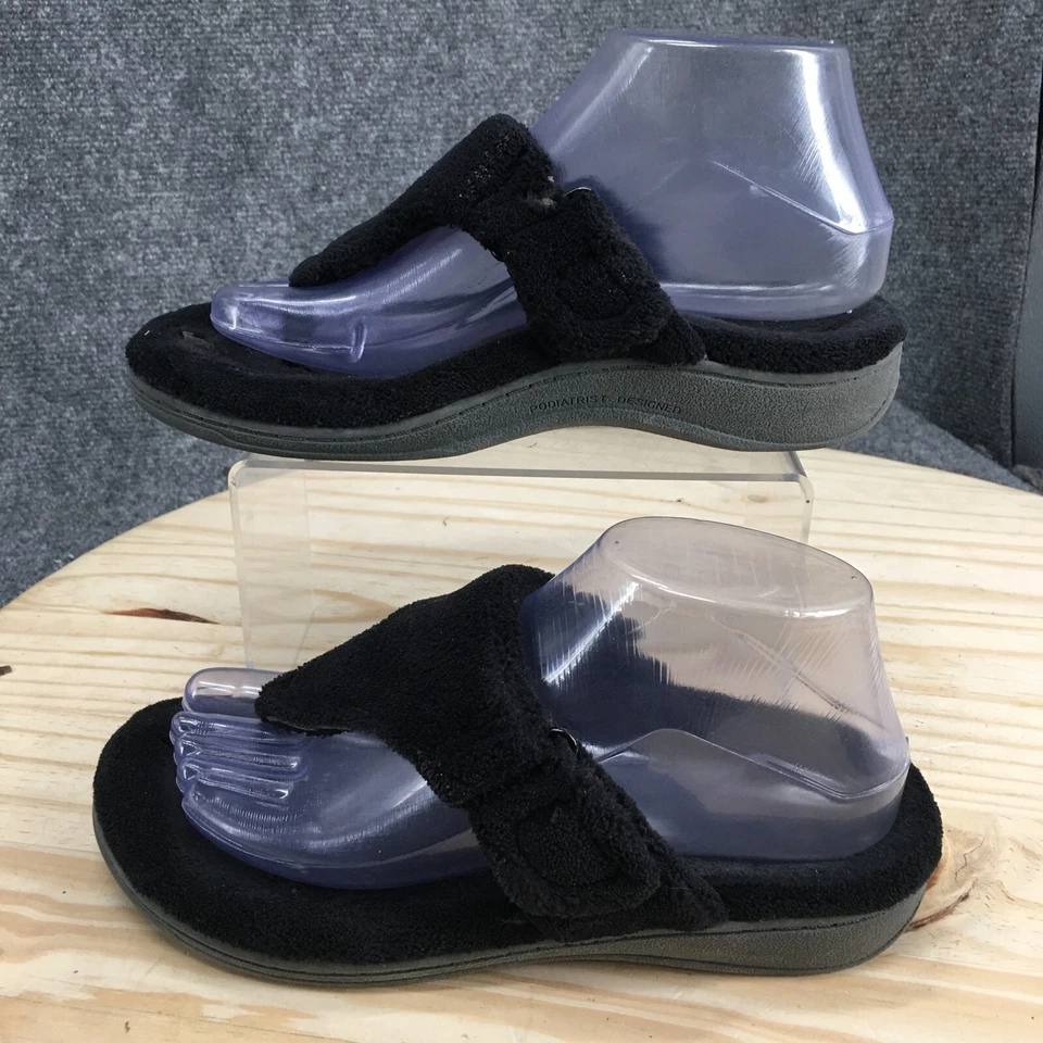 Sandalias Vionic para mujer 6 Forever informales cómodas sin cordones tanga cuña tela negra Foto 2 de 4