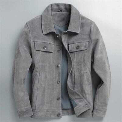 Leder Trucker Jacke für Herren Grau Reines Wildleder Sonderanfertigung Größe ...