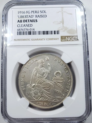 PERU REPUBLIC 1916-FG KM 196.28 LIBERTAD IN RELIEF SOL COIN NGC AU DETAILS CLEAN