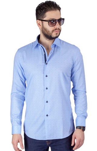 Blue Slim Fit Men's Dress Shirt Contrasting Trim Details Bow Tie Print By Azar - Picture 3 of 7