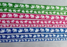White elephant on Green Pink Blue grosgrain ribbon BTY 7/8” 5/8" 3/8" 1.5"