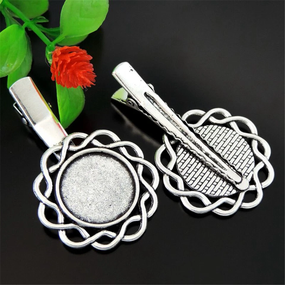 5 PIEZAS Clip de pelo vintage plateado redondo encaje camafeo base bisel en blanco 20*20 mm Foto 2 de 2