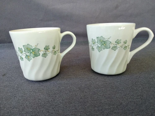 Vintage Corelle Stoneware Callaway Green Ivy 8 oz Tea/Coffee Cups/Mugs -Set of 2