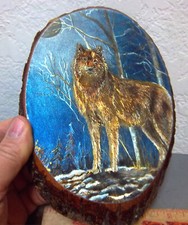 Wood Wall Plaque, 9 x 6 inches. Foil Style Wolf & Moon light forest scene, USA