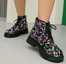 Sequins Ankle Short Boots Round Toe Flats Casual Women's Lace Up Shoes Glitter