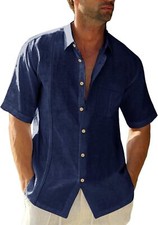 Mens Short Sleeve Linen Shirt Casual Beach Button Down Cuban Guayabera Summer