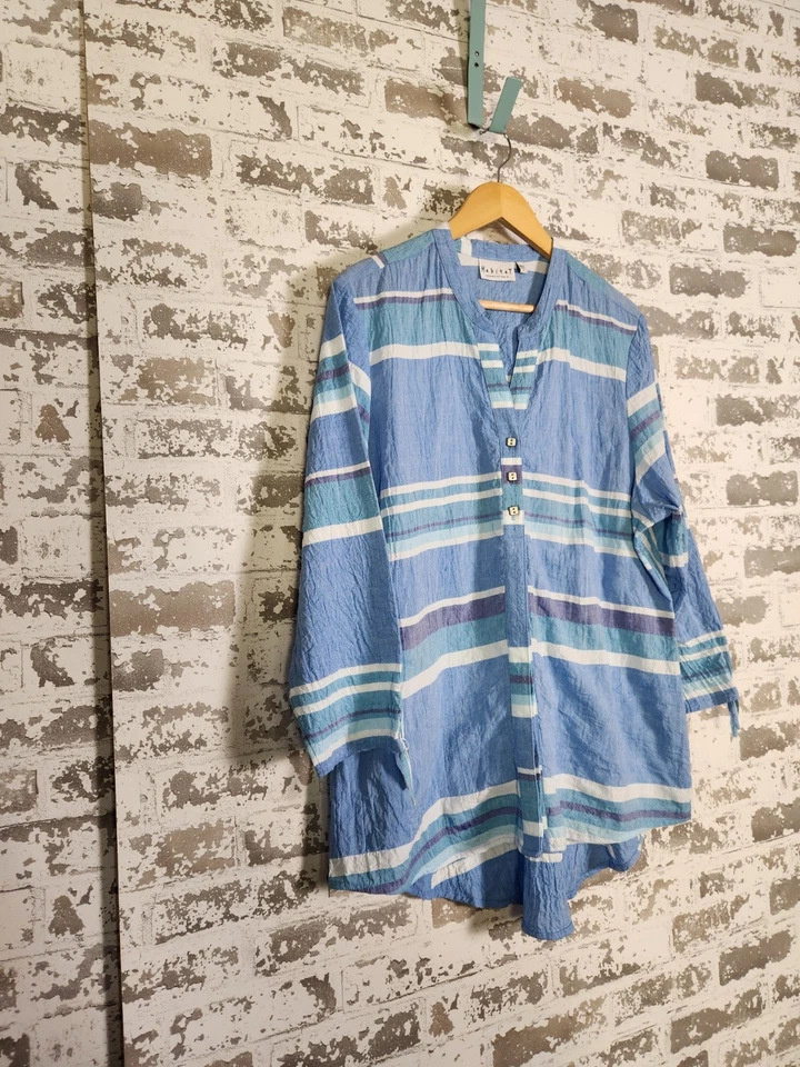 Habitat Shirt Size Large Blue Stripe Artsy Boho Beachy Light Crinkle Tunic Comfy - Image 2 of 4