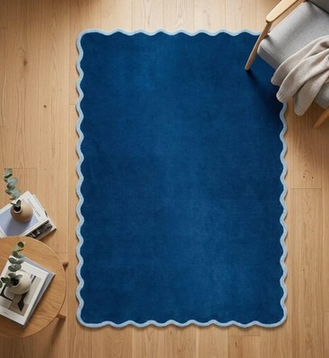 Handmade Scalloped Wool Rug Blue Wavy Border Tufted Carpet Modern Aesthetic 6x9