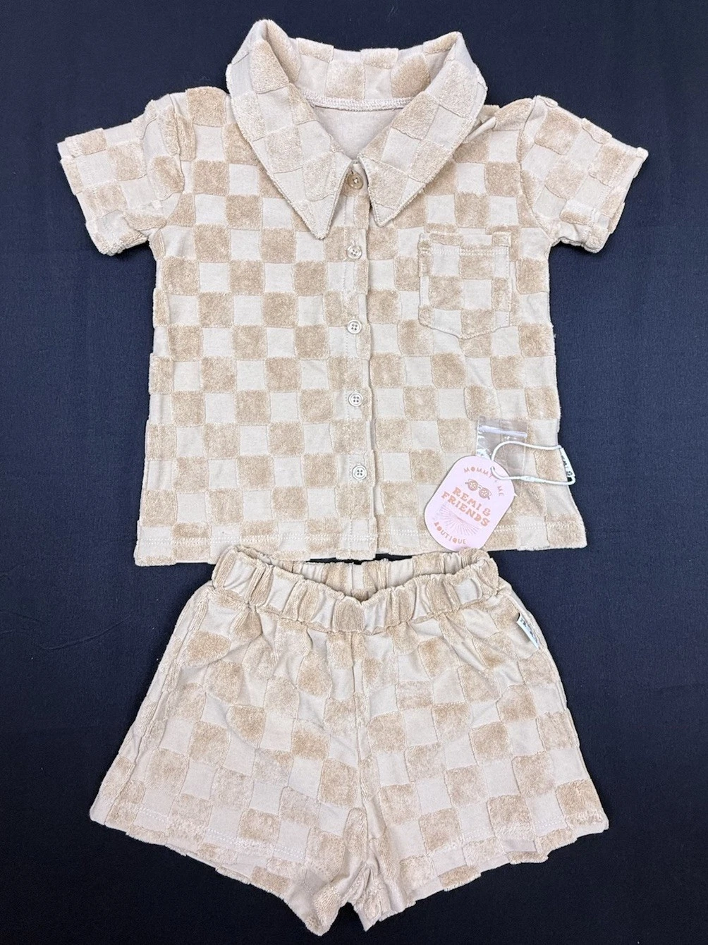 Remi & Friends Boutique Baby Set 12-18M Beige Checkered Shirt & Shorts New