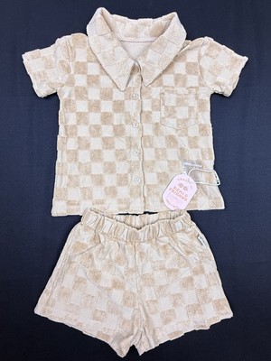 Remi & Friends Boutique Baby Set 12-18M Beige Checkered Shirt & Shorts New