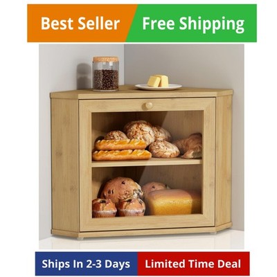 Bamboo Corner Bread Box for Kitchen Counter, 2 Tier Bread Keeper Wooden Round...