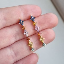 Hallmarked 9ct Yellow Gold Multi Rainbow Sapphire Bar Drop Earrings 2.87g