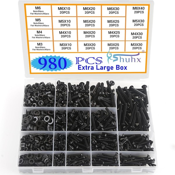 Schrauben Set Schwarz M3 M4 M5 M6 Mit Muttern Unterlegscheiben 980Pcs-image