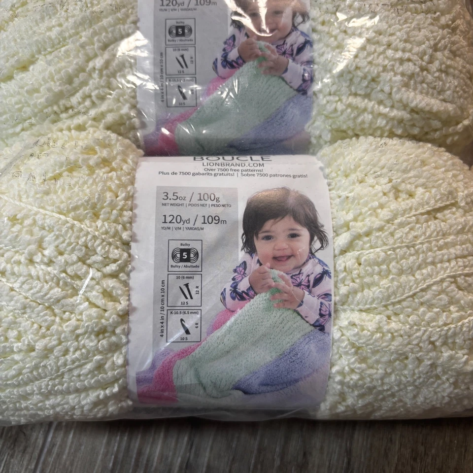 Lote de 5 madejas voluminosas marca Lion Boucle hilados color crema beige rosa verde, hilo suave Foto 4 de 4