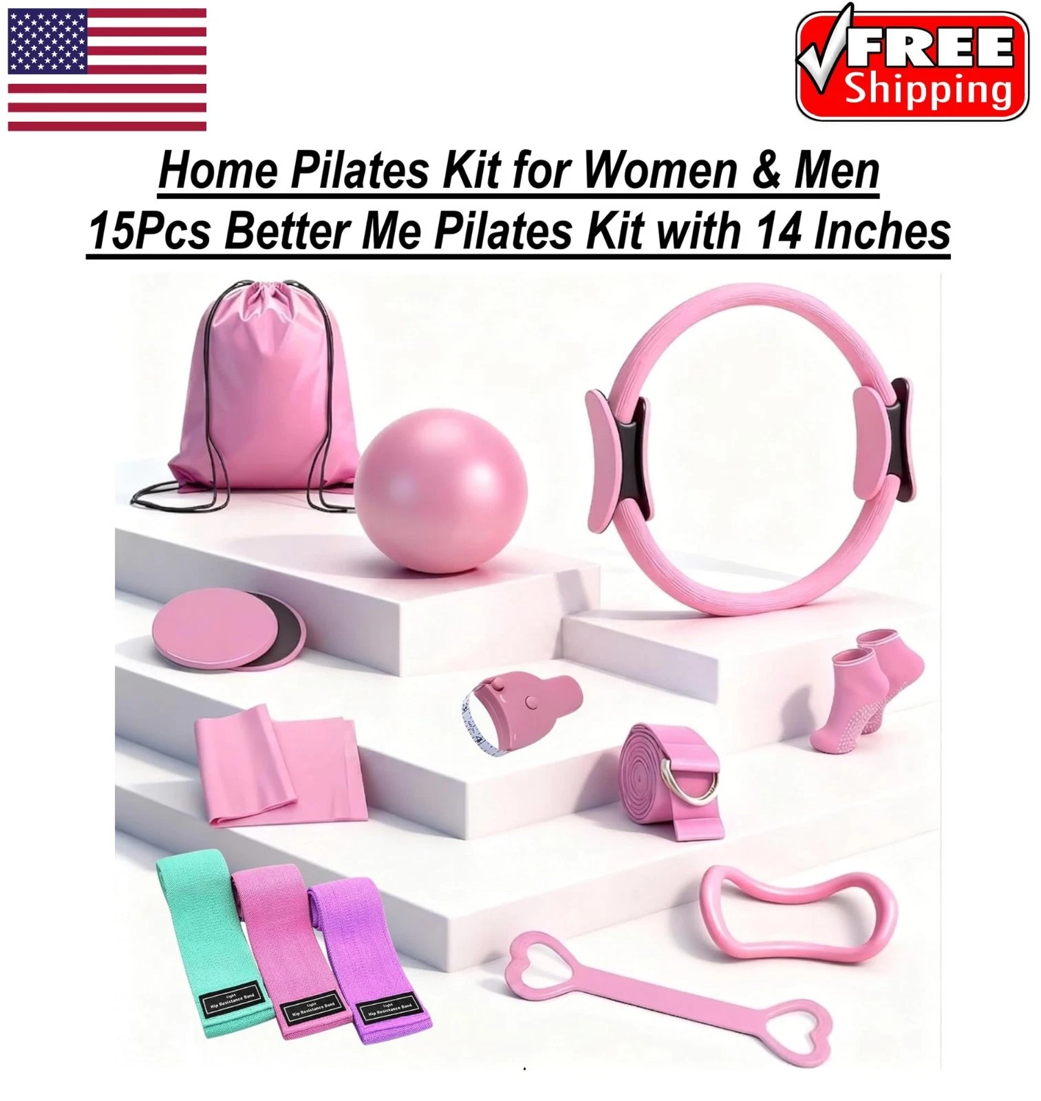 15Pcs Pilates Kit Ring Ball Resistance Bands Core Sliders Home Workout Women Men