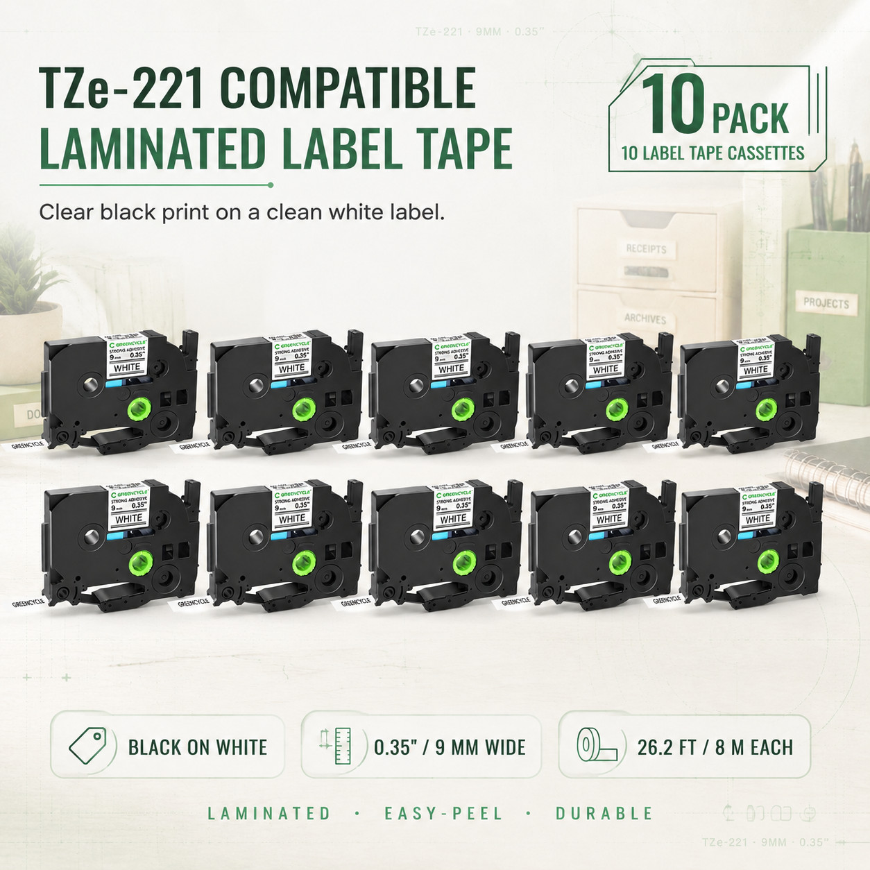 10PCS TZe221 9mm Laminated White Tape for Brother P-Touch PT-P750W PT-2310