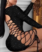 SALES Sparkly Black Lace Up Long Sleeve Bodycon Mini Dress Party UK Size 8/10