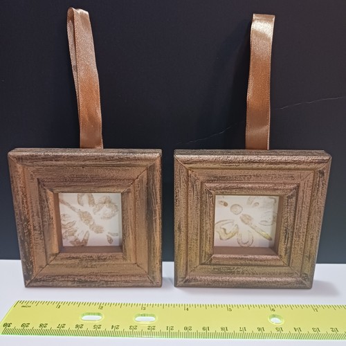Set of 2 Distressed Gold/Brown Wood Square Photo Frames 1.5x1.5 Easel Ribbon