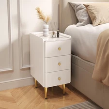 Narrow Nightstand 11.8" with 3 Drawer Wood Bedside Table Small White and Gold...