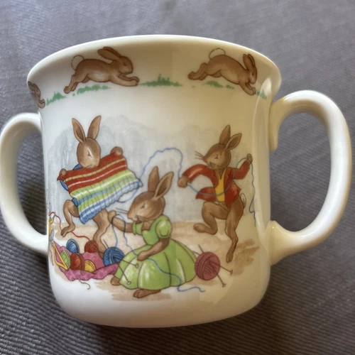 Bunnykins Rabbits Unraveling Knitting Royal Doulton Double Handle Bone China Cup