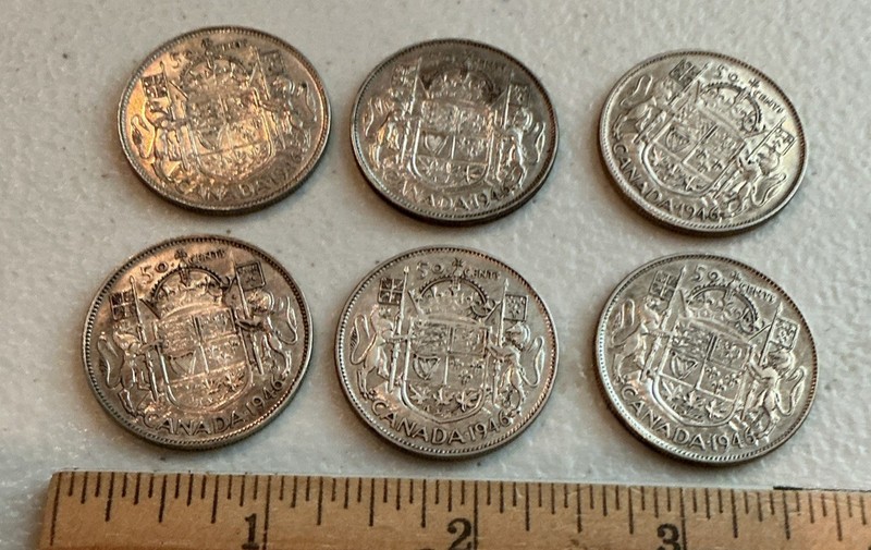 6 Canada Silver 1946 Half Dollars 1.8 Ounces Of Silver AGW See It’s 