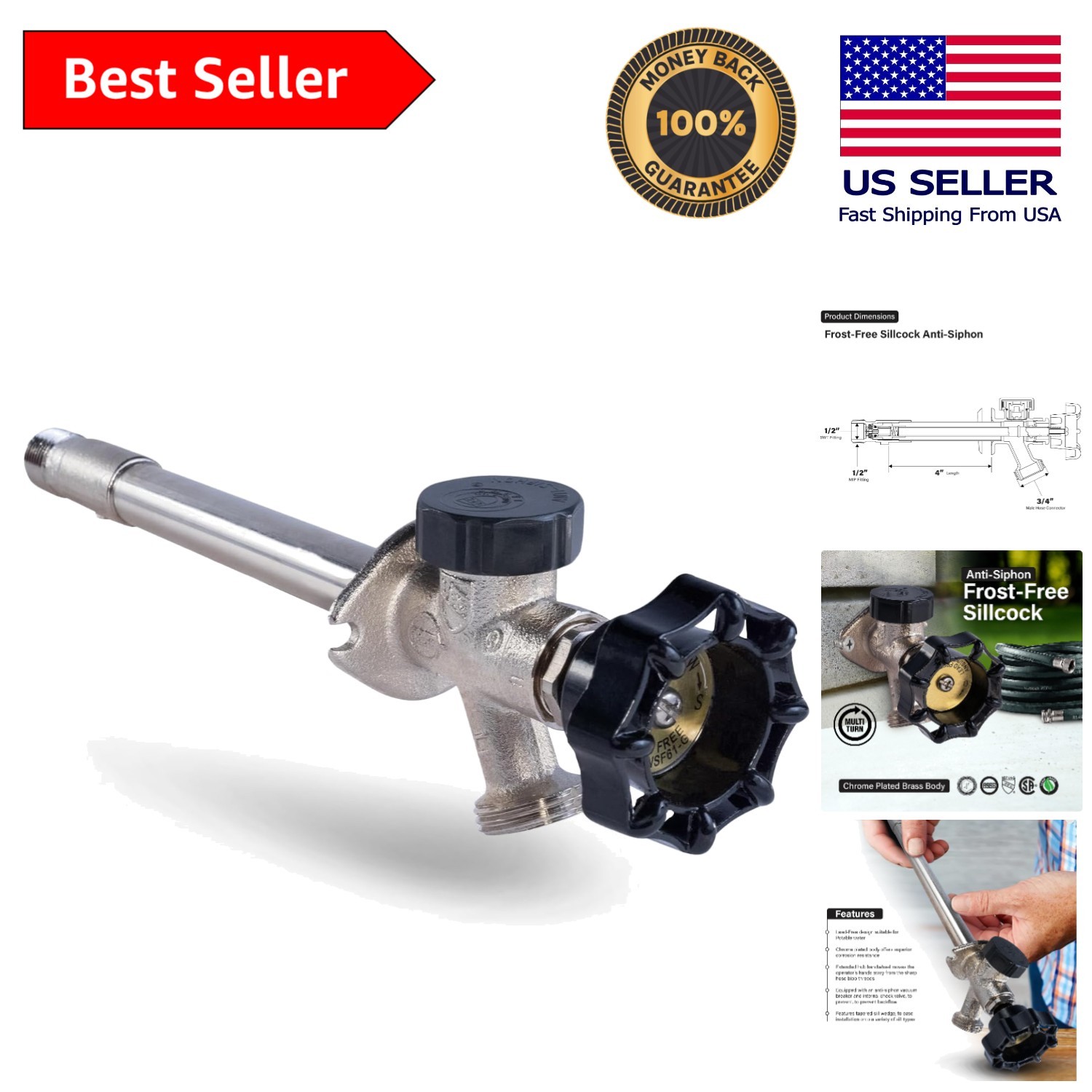 6 Inch Frost-Free Anti-Siphon Sillcock with Vacuum Breaker - Lead-Free Brass