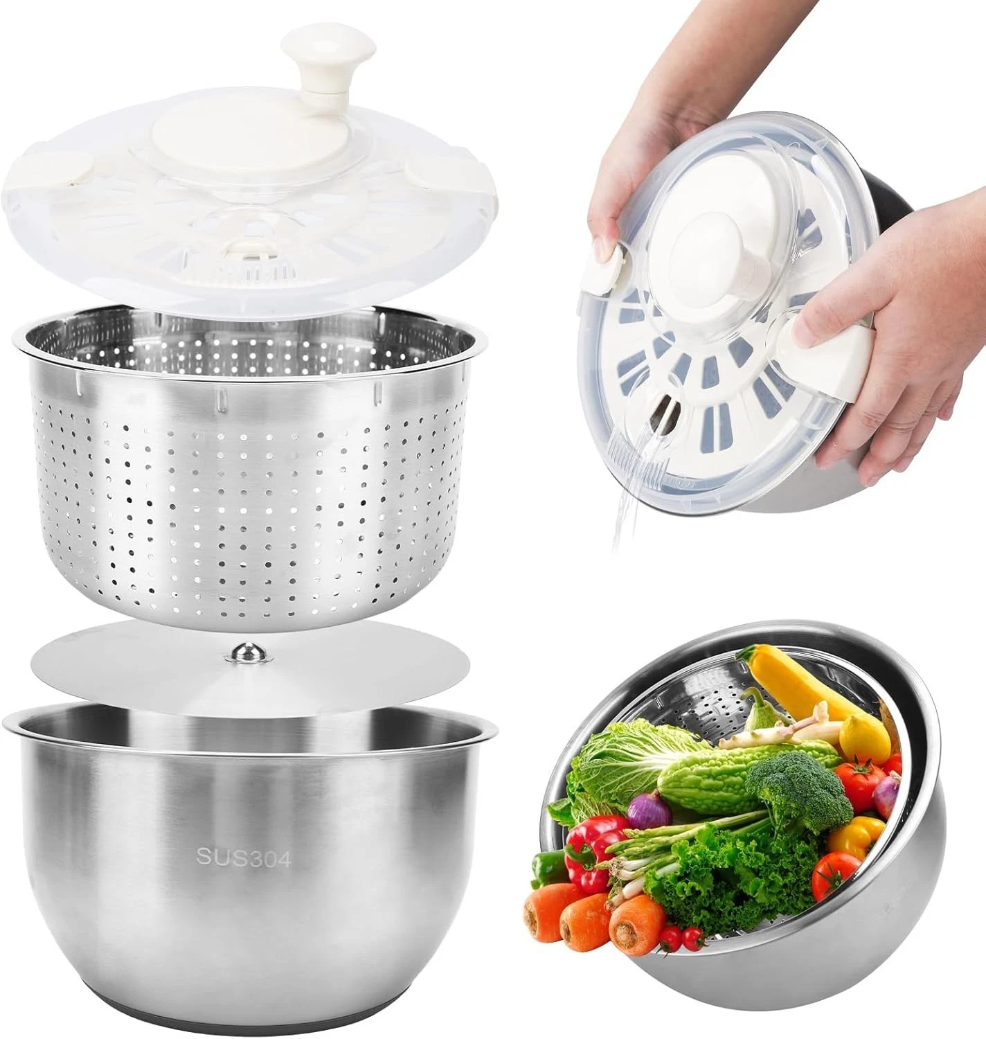Stainless Steel Salad Spinner Lettuce Spinner W/ Drain fruit washer 6 QT W/ PP
Opens in a new window