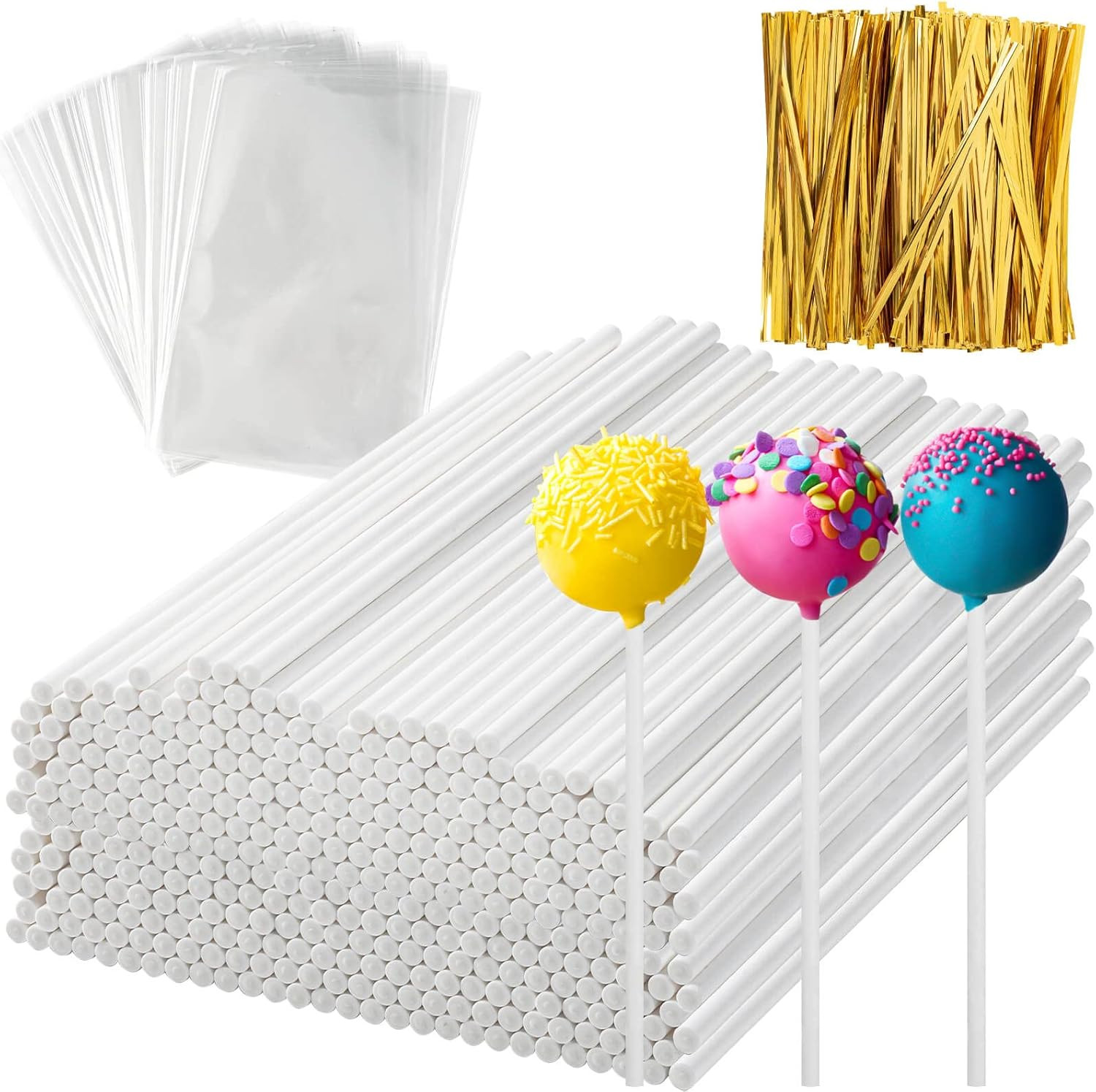 600Pcs Lollipop Stick, 6IN Cake Pop Sticks with Clear Treat Bags & Gold Twist...