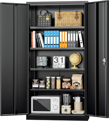 Black Metal Storage Cabinet Doors, 72'' Locking Steel Storage Cabinet with Shelve