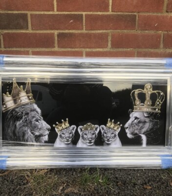 Löwenfamilie Bild Liquid Art Spiegelrahmen König Königin Jungtier wandhängend 85x45 cm