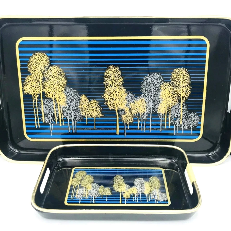 Vtg 80s Serving Trays Gold Trees Black Blue Striped Synthwave Decor Srednick - Image 2 of 4