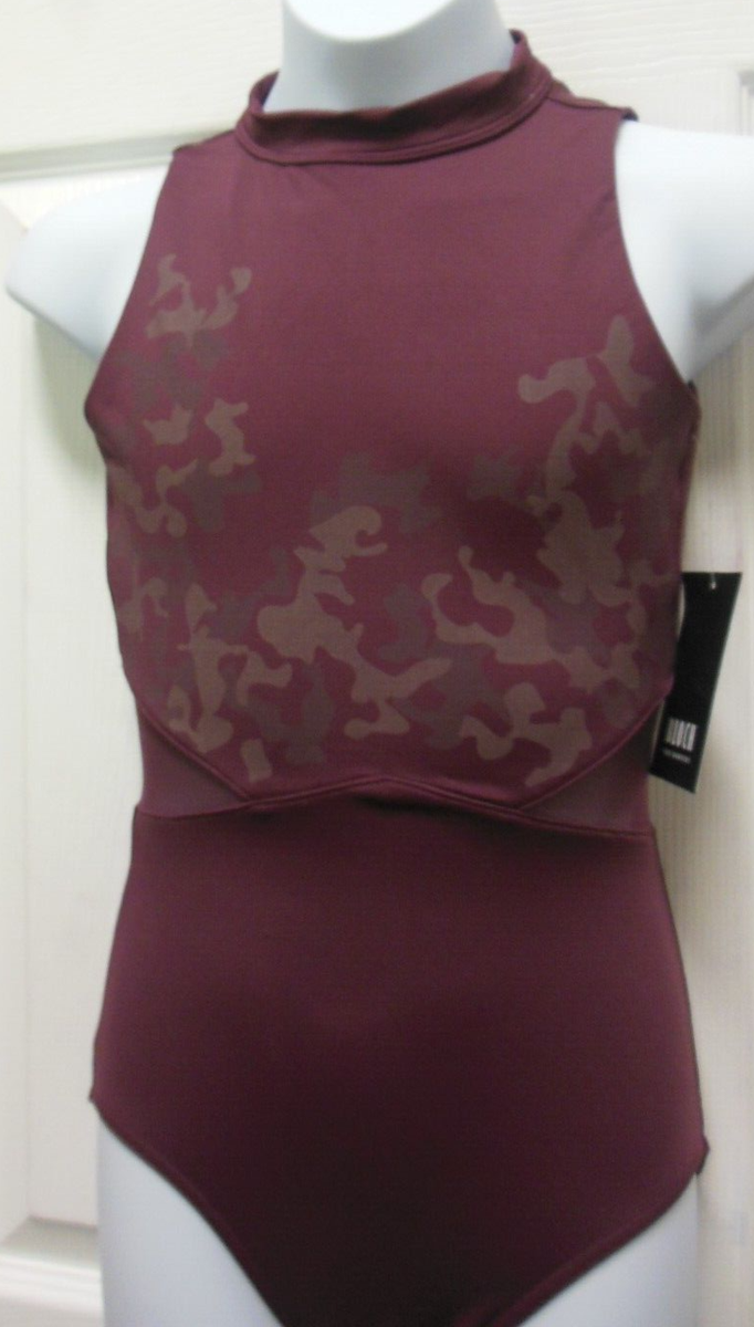 Bloch L4335 Open Mesh Turtleneck leotard Wine Camo Print Ladies