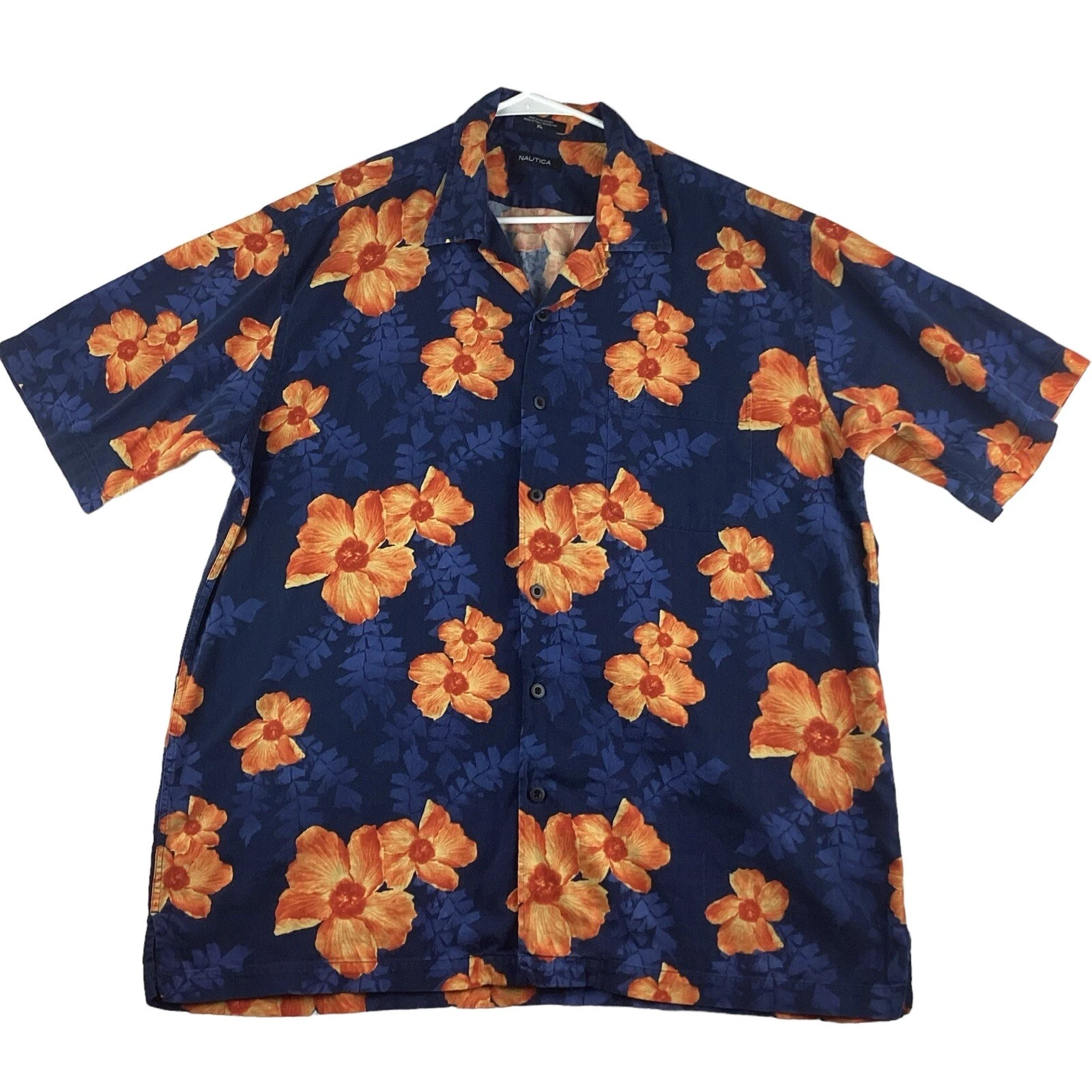 Nautica Hawaiian Shirt Men’s XL Blue Orange Flowers Floral Short Sleeve Tropical