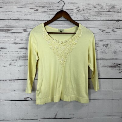 Chalet Shirt Womens Size Large Knit Lace Yellow 3/4 Sleeve Floral