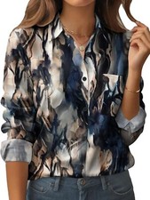 Womens Long Sleeve Floral Button Down Blouse Work Casual Shirt with Pocket