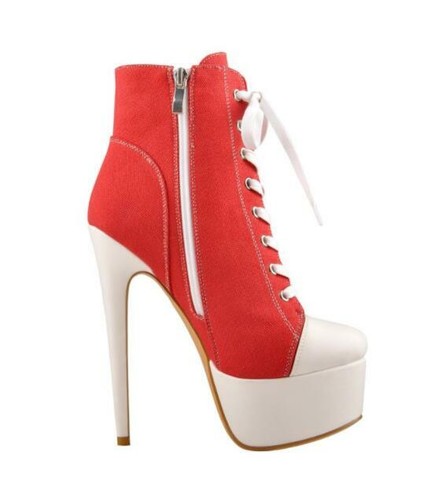 Canvas Sneaker High Heel Lace Up Patchwork Platform Ankle Boots Fashion Shoes - Picture 4 of 7