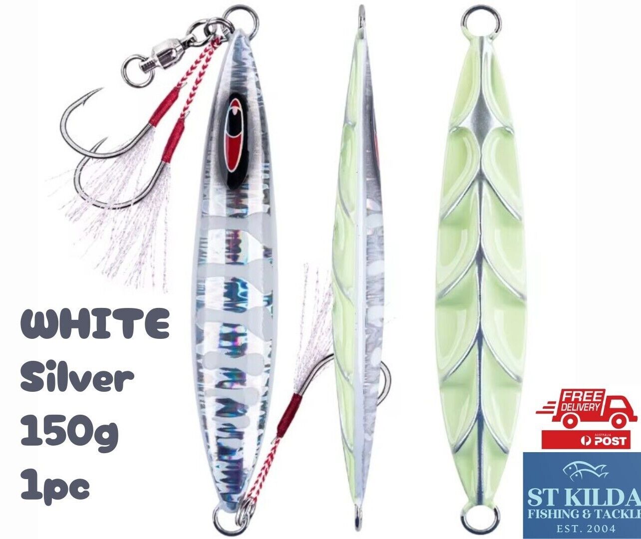 1pc 150g White/Silver Slow Pitch Trolling Jig 3 Hook Sport Fishing Tuna Lure