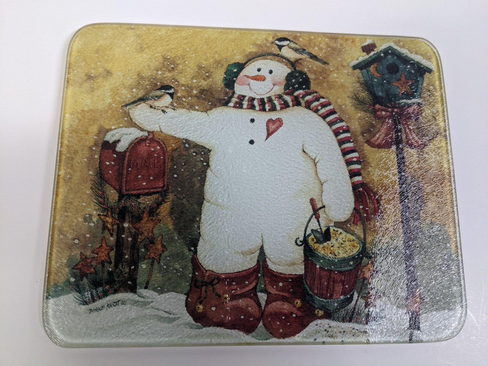 Snowman winter theme 10x8 tempered glass cutting board and trivet