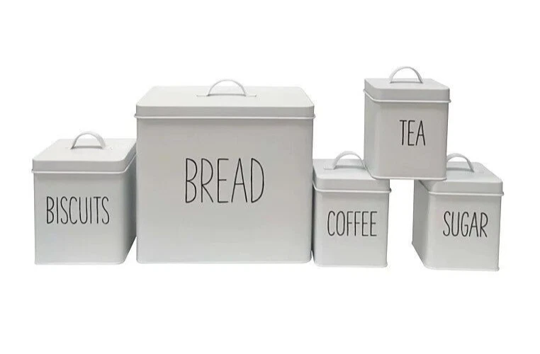 White 5 Piece Kitchen Storage Canister Set Tea Coffee Sugar Bread Bin Biscuits