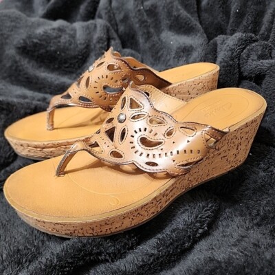 Clarks Wedge Sandals Women Brown Tan Comfort Thong