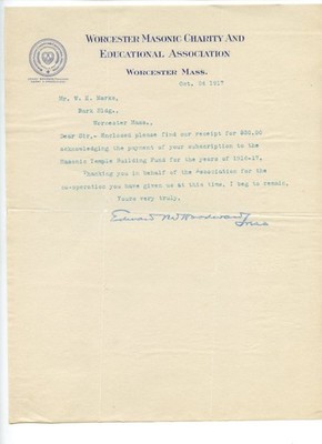 1917 Worcester Masonic Charity Receipt Letter Signed Massachusetts Ephemera