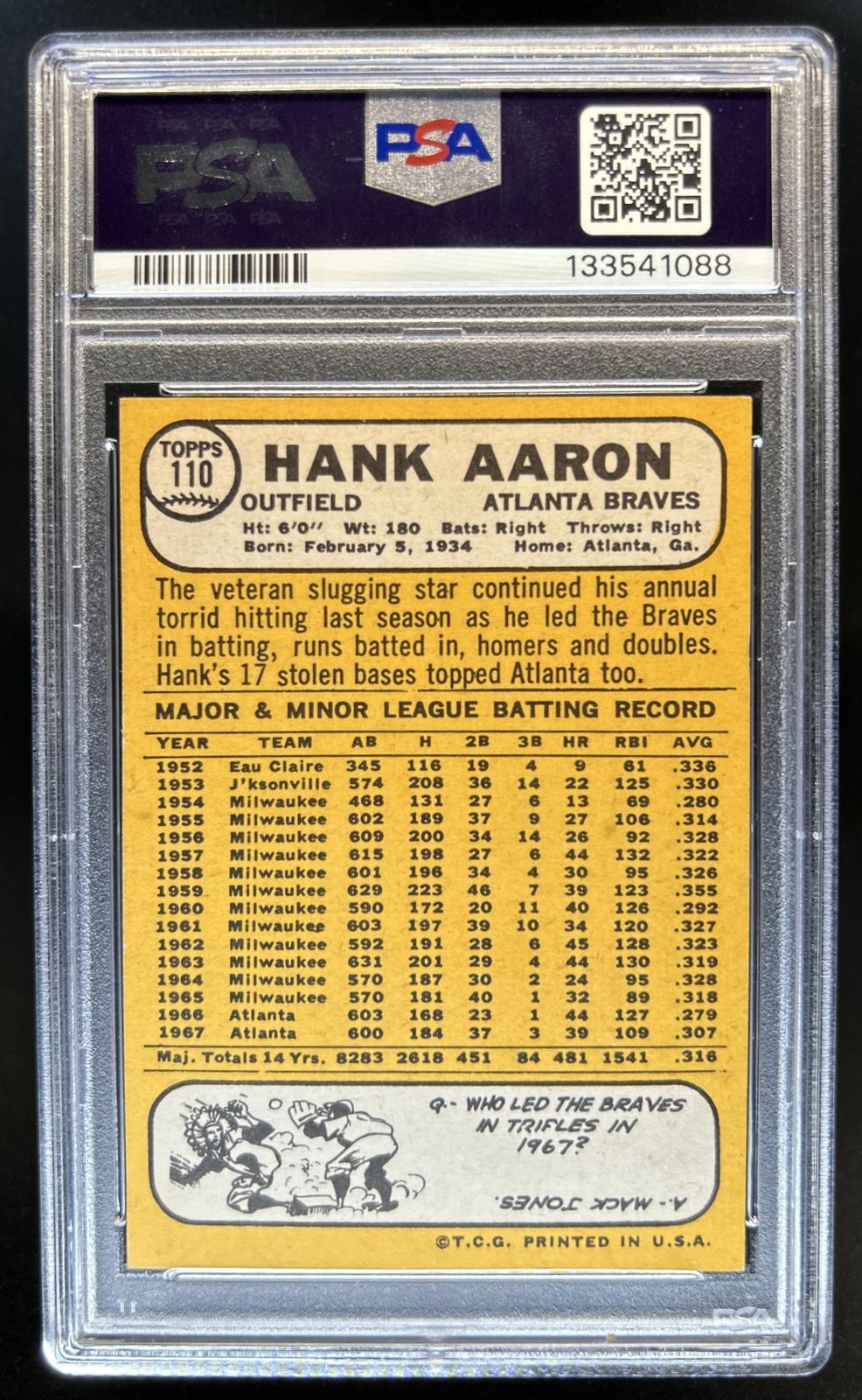1968 Topps Hank Aaron #110 Braves PSA 8 view 2