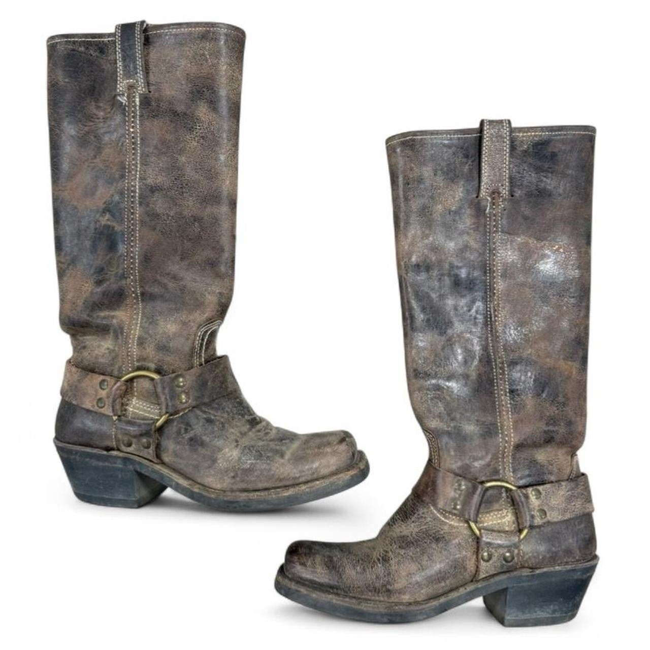 Frye Harness Biker Boots Womens 5.5 M Brown Square Toe Moto Distressed
