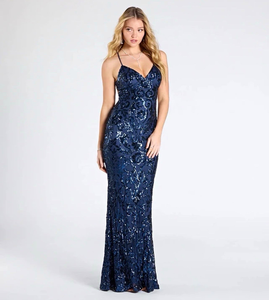 blue sequin dress windsor Mesh V-Neck Lace-Up Maxi Women's L Cashmere (100%)