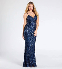 Windsor Blue Sequin Mesh V-Neck Lace-Up Maxi Dress Women's L