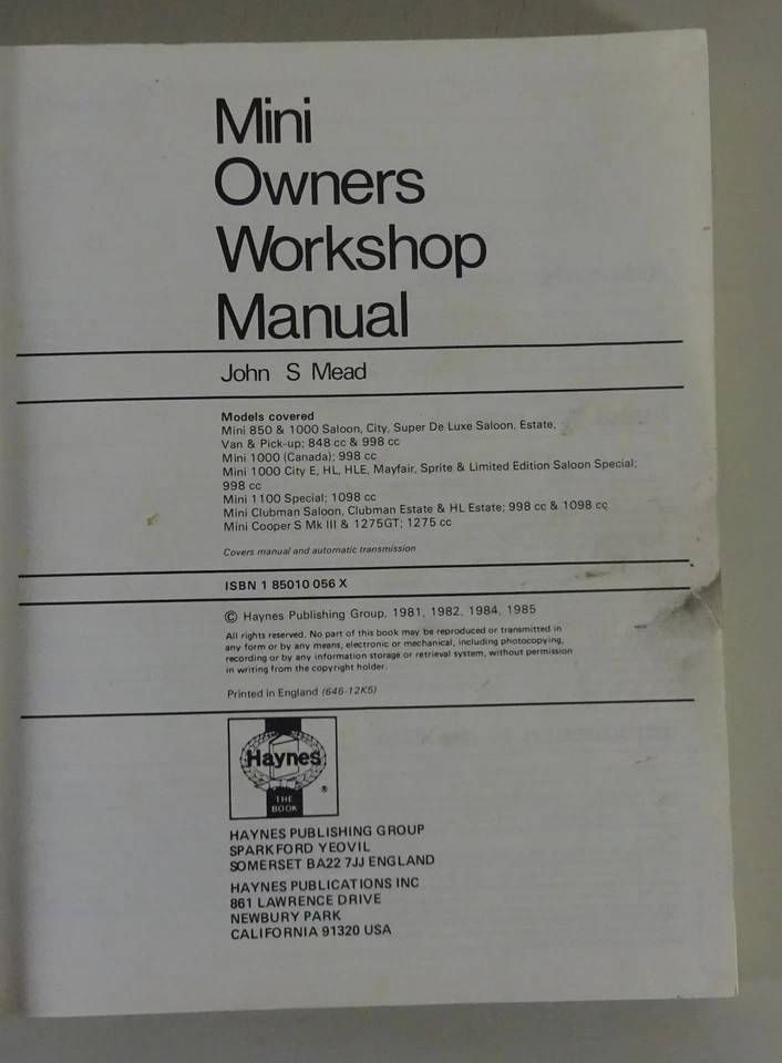 Reparaturanleitung - Haynes | Mini All Models | English | Model Year 1969 - 1984 - Bild 2 von 4