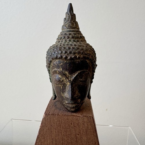Antique Thai Ayutthaya Style Bronze Buddha Head Sculpture Verdigris Gold Patina