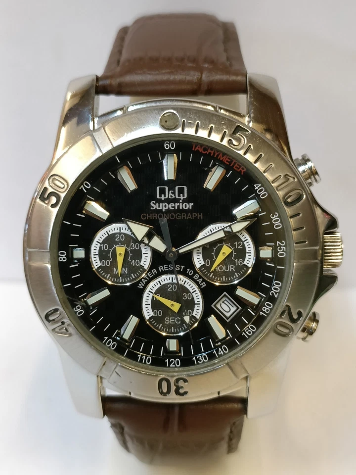 Q&Q CHEONOGRAPH CUARZO ESFERA NEGRA HOMBRE ESTADO DE FUNCIONAMIENTO Foto 3 de 4